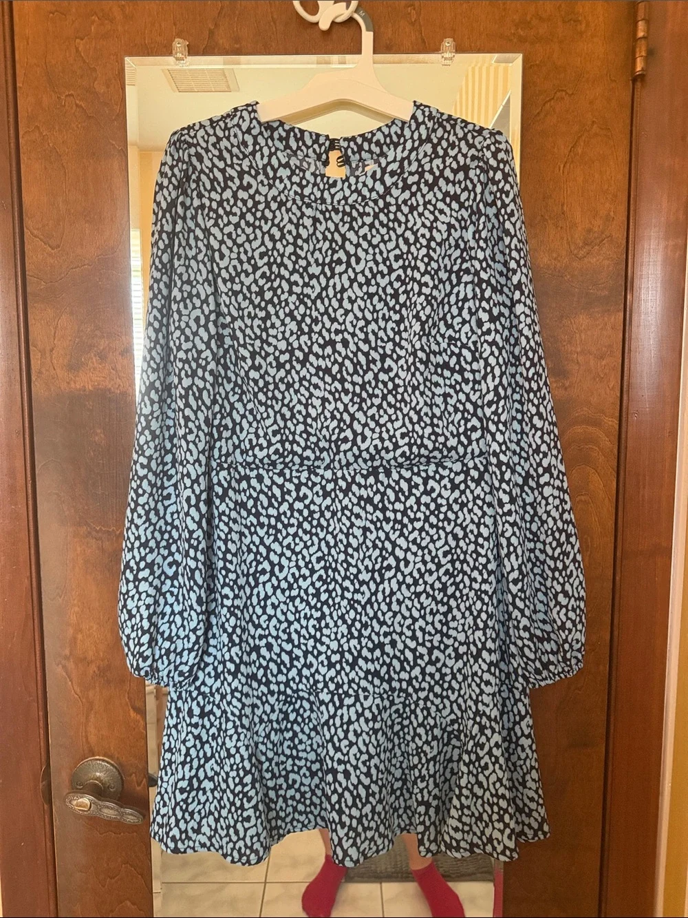 miami Light Blue and Black Leopard-Print Long Sleeve Dress
